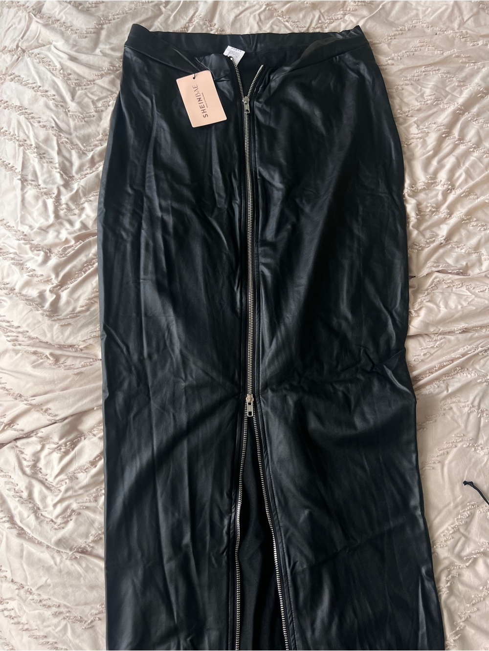 SHEIN Black Faux Leather Zip-Front Maxi Skirt